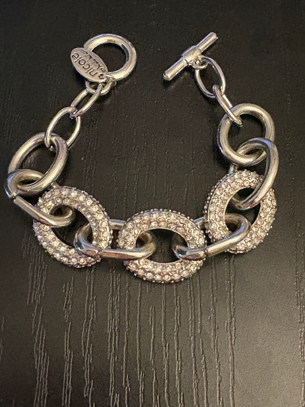 Nicole Miller Silver Pave Crystal Bracelet 6.5" Toggle
